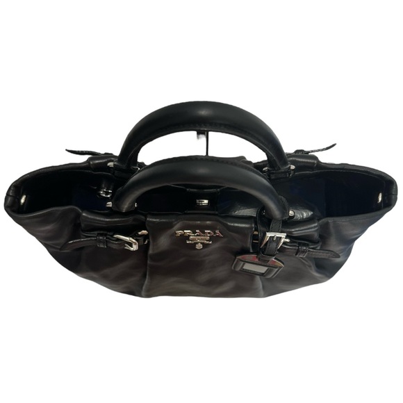 Prada Black Leather Shoulder Hand Bag Satchel Tote Soft Calf Skin Vintage - Picture 8 of 17